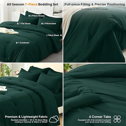 Full Comforter Set 7 Piece - Soft Bed in a Bag Queen Size Comforter Sets, Cozy Luxury Bedding Sets with All Season Comforter, Flat Sheet, Fitted Sheet,2 Pillowcases & 2 Shams, Dark Green