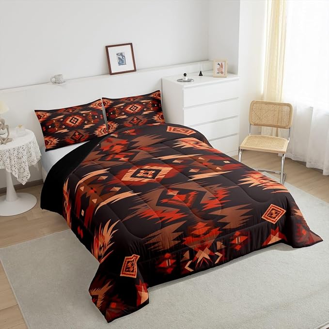 Feelyou Rustic Western Southwestern Comforter Set,Native American Tribal Navajo Bedding Set Twin Size,Boys Girls Bedroom Room Decor,Red Black Western Comforter,Farmhouse Bed Set
