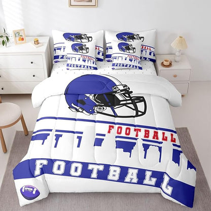 Erosebridal Football 7 Pcs Comforter Set Full Football City Bedding for Kids Blue Grey Football Fans Sheet Set Bed in A Bag Rugby Game Bedroom Decor Sports Ball Competition Bed Set