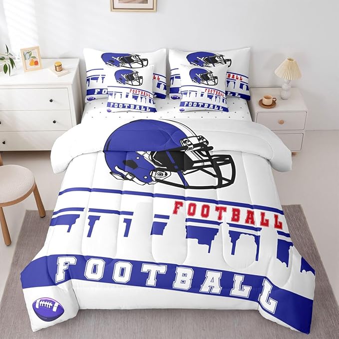 Erosebridal Football 7 Pcs Comforter Set Queen Football City Bedding for Kids Blue Grey Football Fans Sheet Set Bed in A Bag Rugby Game Bedroom Decor Sports Ball Competition Quilt