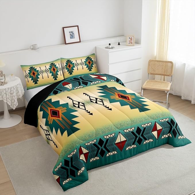 Erosebridal Boys Western Aztec Bedding Set Toddler Size, Native Tribal Ethnic Comforter Set Farmhouse Boho Geometric Duvet Insert Southwestern Ethnic American Native Quilt for Adult Men,Green Yellow