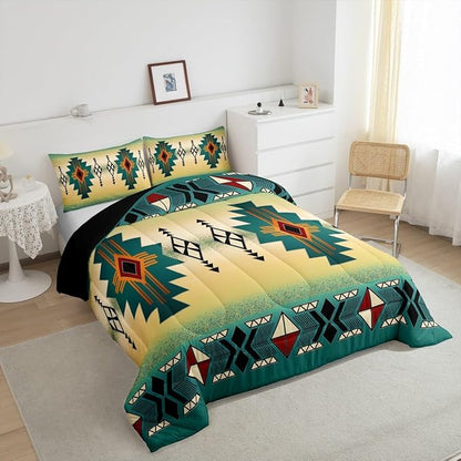 Erosebridal Boys Western Aztec Bedding Set Toddler Size, Native Tribal Ethnic Comforter Set Farmhouse Boho Geometric Duvet Insert Southwestern Ethnic American Native Quilt for Adult Men,Green Yellow