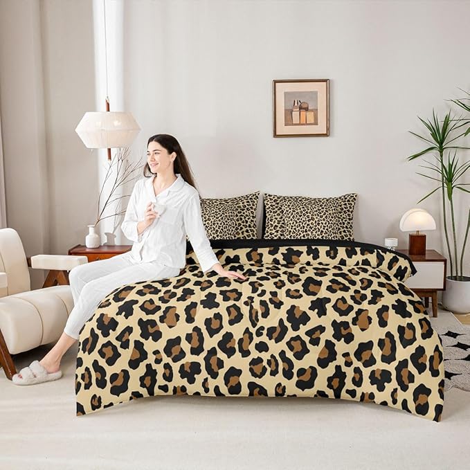 Erosebridal Leopard Print Beige Yellow Black King 7-Piece Comforter Set | Cheetah Fur Sheets and Pillowcases Animal Skin Pattern Bed in A Bag Women Men Adults Bed Sets