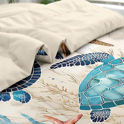 Comforter Set Queen Size, Ocean Coral Sea Turtle 7 Pcs Bedding for Kids and Adults, Blue Shell Animal Bed Sheet Sets with Fitted Sheet 2 Pillowcases & 2 Shams for Bedroom Bed Decor