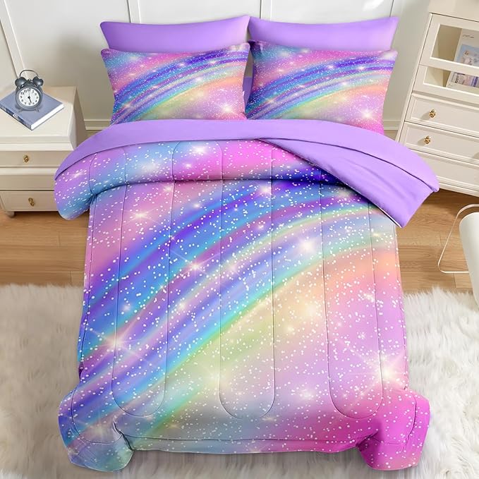Nesker 7 Pcs Comforter Set Full Size, Pink Gradient Star Colorful Glitter Bedding Set for Kids and Adults, Rainbow Star Galaxy Girls Bed Sheet Sets with Fitted Sheet 2 Pillowcases & 2 Shams
