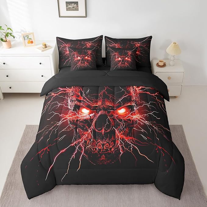 Erosebridal Gothic 7 Piece Comforter Set Full Bed in a Bag,Sugar Skull Bedding Set,Spooky Bone Goth Red Lightning Comforter and Sheet Set,Exotic Halloween Skeleton Decorations