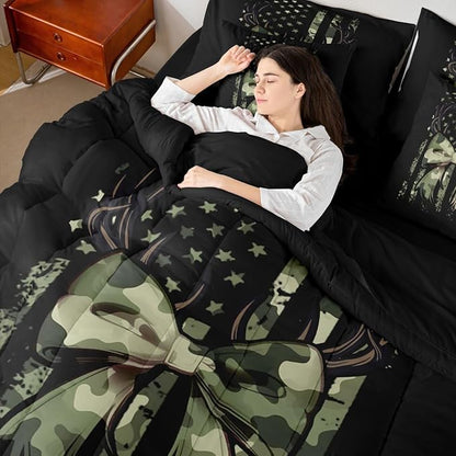 Erosebridal Camouflage King Comforter Set Antlers 7-Piece Bed in A Bag Elk Deer Bow Bowknot American Flag Military Sheets and Pillowcases Black Green Bed Sets