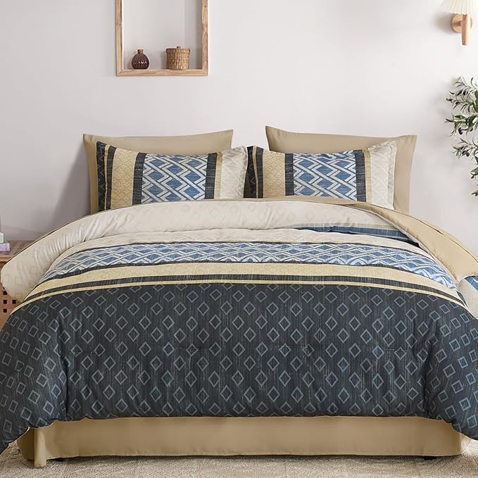 Cottolester Boho Comforter Set King Size,Grey Blue Striped Bed in a Bag,Plaid Comforter and Sheet Set,Soft Microfiber Complete Bedding Sets