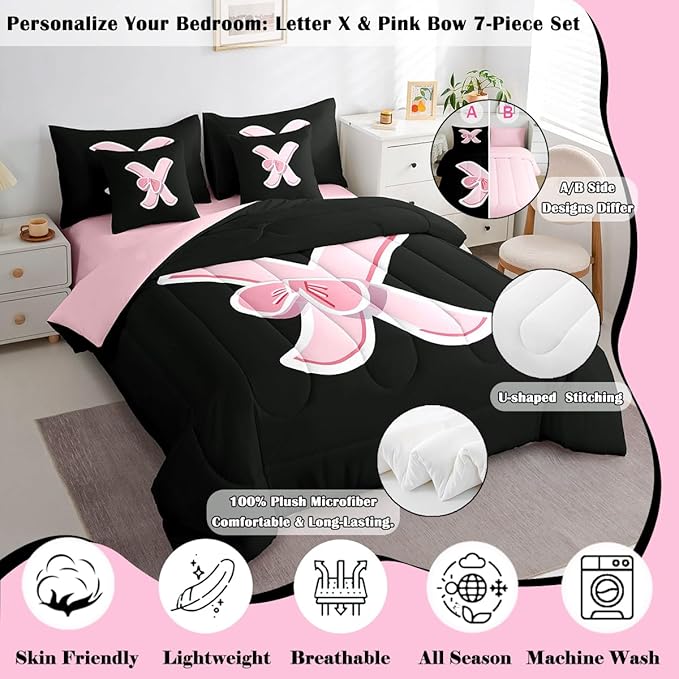 jejeloiu Kawaii Pink Bow Full Comforter Set with Sheets,Gifts for Women Teen Girl,Monogrammed 7 Piece Bedding Set,Soft Personalized Initial Letter X Bed in a Bag with Comforter,Sheets,Pillowcases