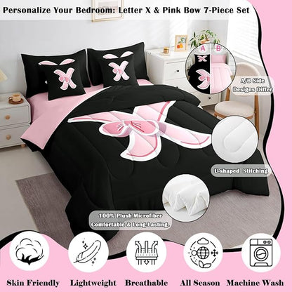 jejeloiu Kawaii Pink Bow King Comforter Set with Sheets,Gifts for Women Teen Girl,Monogrammed 7 Piece Bedding Set,Soft Personalized Initial Letter X Bed in a Bag with Comforter,Sheets,Pillowcases