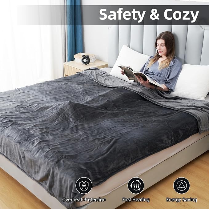 Electric Heated Blanket Queen Size 84"x90", Soft Plush Microplush for Bed, Dual Controllers & Heating Zones, 10Hs Auto Off & 5 Heating Levels, Machine Washable, Gifts for Family-Gray