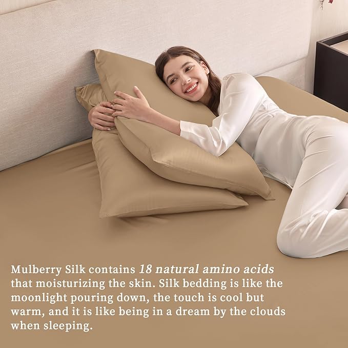 THXSILK 6A+ Top Grade 100% Pure Mulberry Silk Cal. King Fitted Sheet 3Pcs Set Bed Sheets Luxury Bedding for Hair and Skin Soft Breathable Cooling, 1 Fitted Sheet with 2 Pillowcases, Taupe