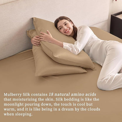 THXSILK 6A+ Top Grade 100% Pure Mulberry Silk Full Fitted Sheet 3Pcs Set Bed Sheets Luxury Bedding for Hair and Skin Health Breathable Cooling, 1 Fitted Sheet with 2 Pillowcases, Taupe