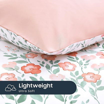 Wake In Cloud - Floral Comforter Set, Farmhouse Cottagecore Style with Romantic Garden Wildflowers and Leaves Pattern, Soft Lightweight Bedding, 3 Pieces, Pink White, Twin/Twin XL Size