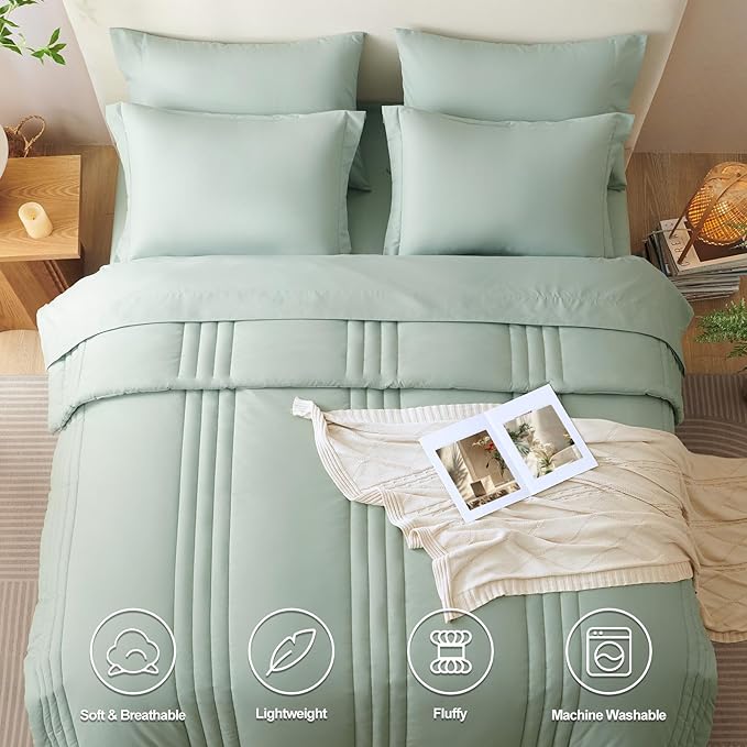 CozyLux Queen Size Comforter Sets - 7 Piece Bed in a Bag Sage Green Comforter Set with Sheets Queen Bed Set All Seasons, Bedding Set with Down Alternative Comforter, Sheets, Pillowcases & Shams