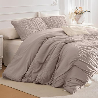 Lady Ann Queen Comforter Set Camel Ruched Boho Bedding Comforter Sets 90x90 for Bedroom Ultra Soft & Luxurious 3 Piece Fluffy Bed Sets