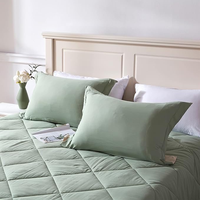 NexHome Queen Comforter Set Sage&Beige,3 Pieces Lightweight Comforters Queen Size Reversible Bedding Comforters Sets,Down Alternative Comforter Bed Set Quilt Blanket(88x88In Comforter & 2 Pillowsham)