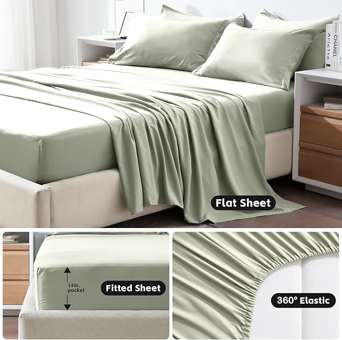 COZYART Queen Comforter Set 7 Pcs, Sage Green Bed in a Bag, All Season Lightweight Soft Reversible Bedding Set, 1 Comforter, 1 Flat Sheet, 1 Fitted Sheet, 2 Pillow Shams, 2 Pillowcases