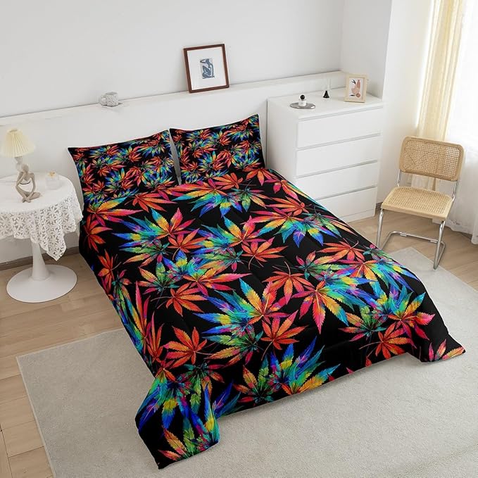 Erosebridal Leaves Comforter Set Toddler,Rainbow Leaf Bedding for Kids Teens Adults,Colorful Hippie Down Comforter,Tropical Botanical Bedding Comforter Sets