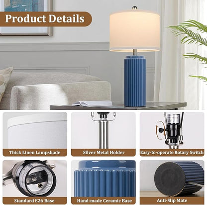 TOBUSA 23.5’’ Blue Table Lamps for Bedroom Set of 2, Modern Farmhouse Ceramic Bedside Nightstand Lamps for Living Room, Decorative Boho Ceramic Lamps Set for Home Office End Table Console, White Shade