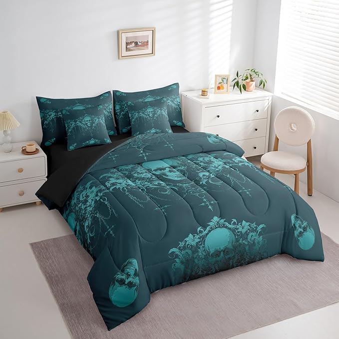 Erosebridal Gothic Bed in a Bag Queen Comforter Set 7 Piece,Goth Sugar Skull Bedding Set,Teal Turquoise Damask Bohemian Vintage Floral Comforter and Sheet Set,Exotic Antique Victorian Baroque Decor