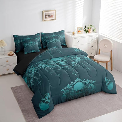Erosebridal Gothic 7 Piece Comforter Set Full Bed in a Bag,Goth Sugar Skull Bedding Set,Teal Turquoise Damask Bohemian Vintage Floral Comforter and Sheet Set,Exotic Antique Victorian Baroque Decor