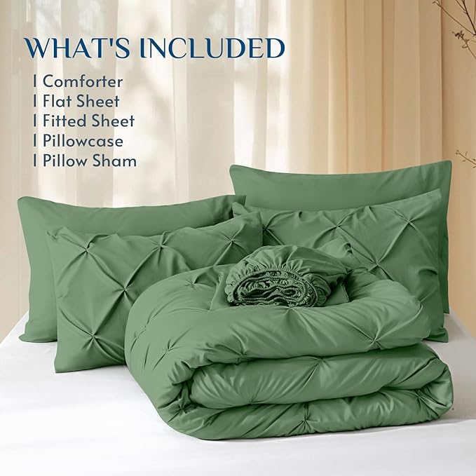 JOLLYVOGUE Twin XL Comforter Set 5 Pieces - Bed in a Bag Twin XL for All Season, Pintuck Bedding Comforter Sets with Comforter, Flat Sheet, Fitted Sheet and Pillowcases & Shams, Green