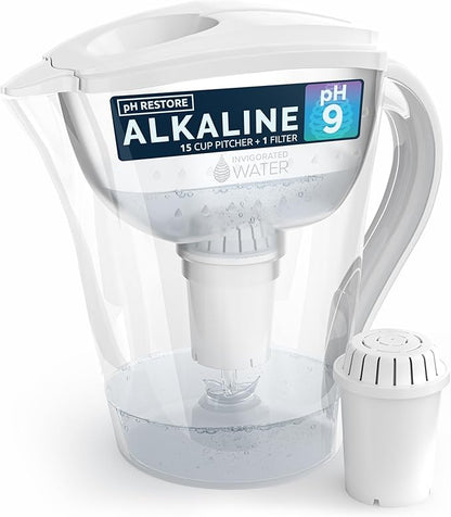 Invigorated Water Filter Pitcher with 1 Alkaline Filter – BPA-Free High pH Purifier, 14-Cup Capacity with SmartLight Filter Change Indicator, (96 Gallon) Long Filter Life