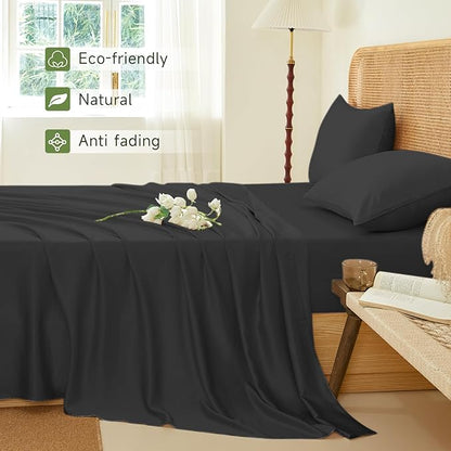 THXSILK Luxury Mulberry Silk Bed Sheets Set - 4pcs Silk Sheets Set 16" Deep Pocket - 1 Fitted Sheet, 1 Flat Sheet, 2 Pillowcases with Zipper Closure - Full, Black