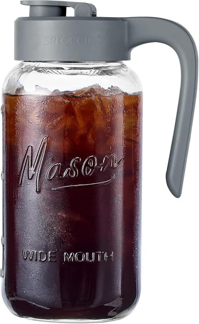 Mason Jar Pitcher - Airtight & Leakproof Glass Pitcher with Lid, Perfect for Breastmilk, Cold Brew, and Sun Tea, 2 Quart (64 oz) Mason Jar with Pour Spout Lid