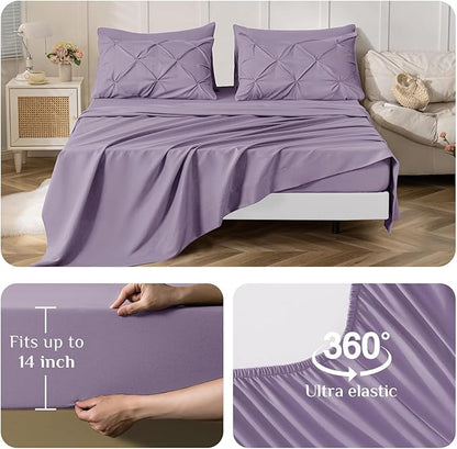 JOLLYVOGUE Queen Comforter Set 7 Pieces - Bed in a Bag Queen for All Season, Pintuck Bedding Comforter Sets with Comforter, Flat Sheet, Fitted Sheet and Pillowcases & Shams, Purple