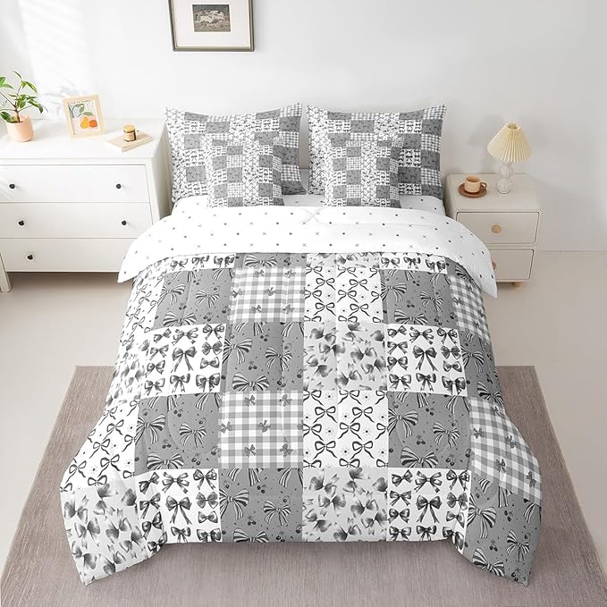 Feelyou Grey Bow Comforter Set with Sheets Queen Size Kids Bowknot Plaid 7 Pieces Bedding Set for Boys Girls Teens Gift for Girls Women Grid Bed in a Bag Breathable Princess Décor Bed Set