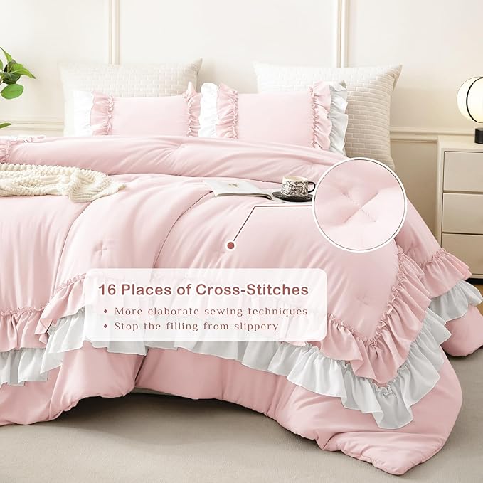 Masaca Ruffled King Comforter Set,Farmhouse Shabby Boho Bedding Comforter Lightweight Ultra Soft Pink and White Vintage French Country Bedding Set 3Pcs (1 Ruffle Comforter and 2 Pillowcases)