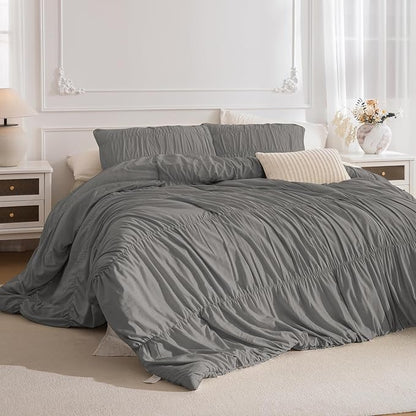 Lady Ann Gray Ruched Comforters Oversized King Size 120x120 Bedding Comforter Sets for Bedroom, 3 Piece Fluffy Boho Bedroom Set with Pillow Shams Soft All Season Bed Sets