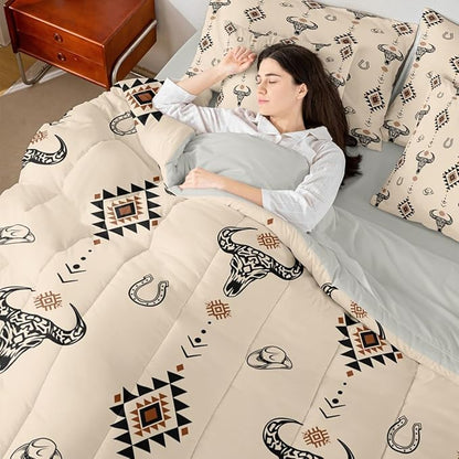 Erosebridal Bull Skull 7 Piece Bedding Set King Aztec Comforter Set with Sheets Southwest Horseshoe Cowboy Hat Dot Bed in a Bag Western Arrow Geometric Brown for Teens Men Women