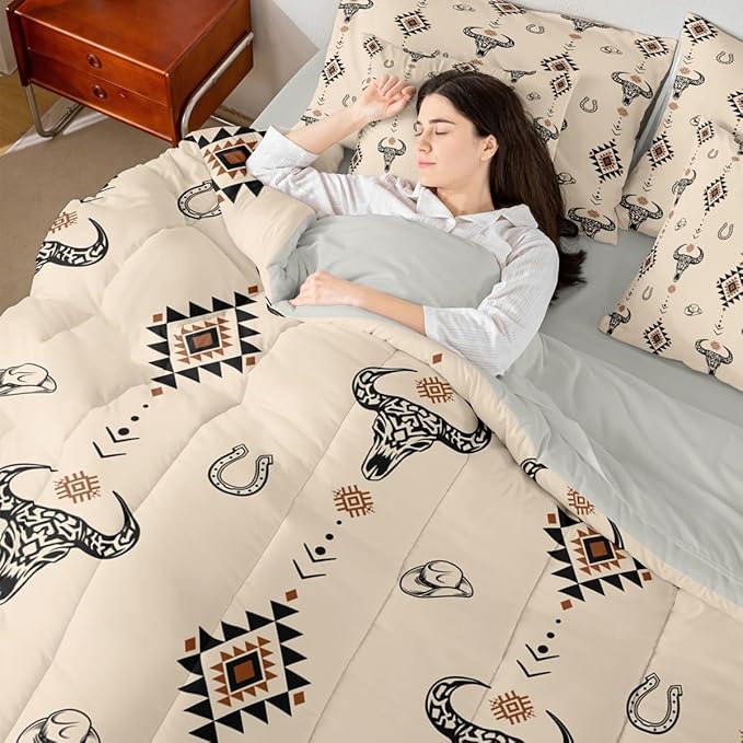 Erosebridal Bull Skull 7 Piece Bedding Set Queen Aztec Comforter Set with Sheets Southwest Horseshoe Cowboy Hat Dot Bed in a Bag Western Arrow Geometric Brown for Teens Men Women