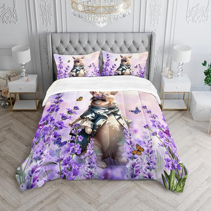 Lavender Rabbit Comforter Twin Kids Rabbit Bedding Set Cute Bunny Quilt Bed Set Bedroom Decor Includes 1 Comforter, 2 Pillowcases for Girls Boys Teens