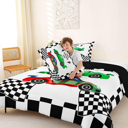 jejeloiu Boys Cartoon Racer Car Bedding Set Full Size Black White Checkerboard Comforter Set for Kids Green Red Duvet Set Cute Car Quilt Set 3Pcs