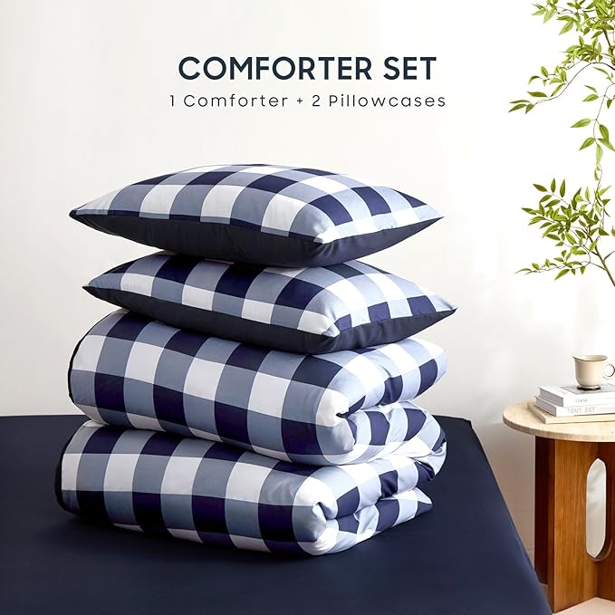 Wake In Cloud - Gingham Comforter Set, Plaid Buffalo Check Checkered Cottagecore Cute Geometric, Soft Lightweight Bedding, 3 Pieces, Navy Blue White, Twin/Twin XL Size