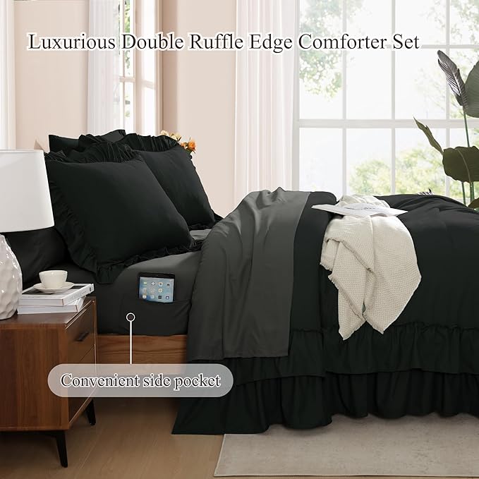 King Size Comforter Set Black, Ruffle Shabby Chic Bedding Set Farmhouse 7 Pieces, All Season Fluffy Bed in a Bag with Sheets, Pillowcases & Shams