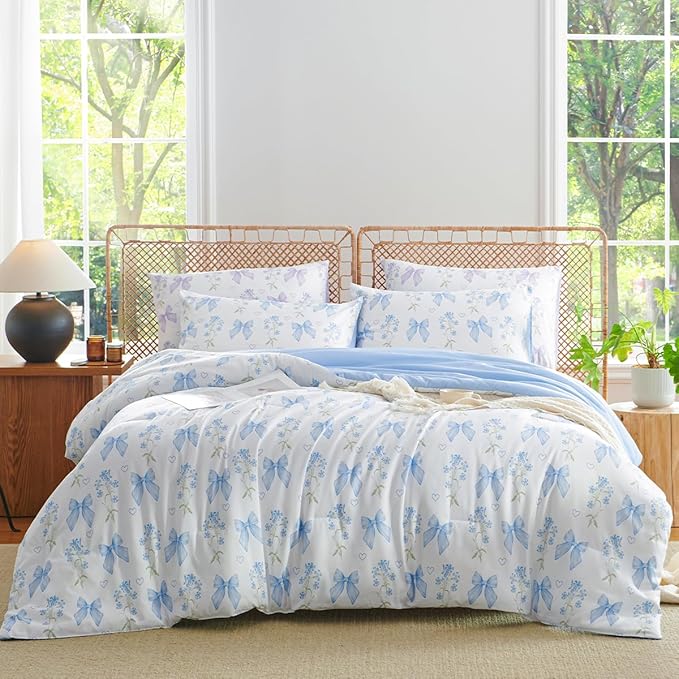 Blue Bow Comforter Set Full 3Pcs Blue Floral Bedding Set for Girls Kids Romantic Princess Style Bowknot Bedding Ultra Soft Reversible Garden Flower Comforter Sets with 2 Pillowcases