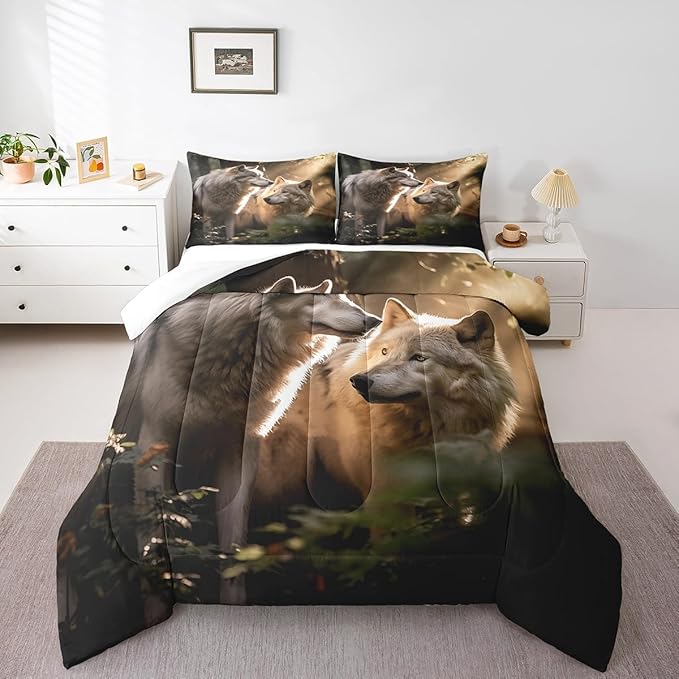 Erosebridal Wolf Queen Comforter Set,Hunting Wolf Bedding Set for Women Men Room Decor,Wildlife Animal Safari Bed Set Ethnic Tribal Bedding Comforter Sets,2 Pillowcases