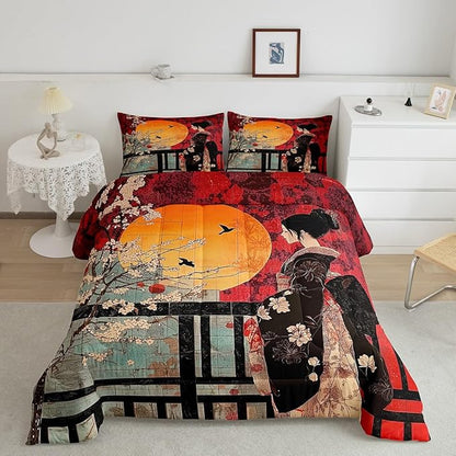 Erosebridal Japanese Style Comforter Set, Cherry Blossoms Down Comforter Toddler Size for Kids Girls Women Bedroom Decor, Sakura Flower Bedding Set, Japan Ukiyo-E Quilt, Red, Lightweight