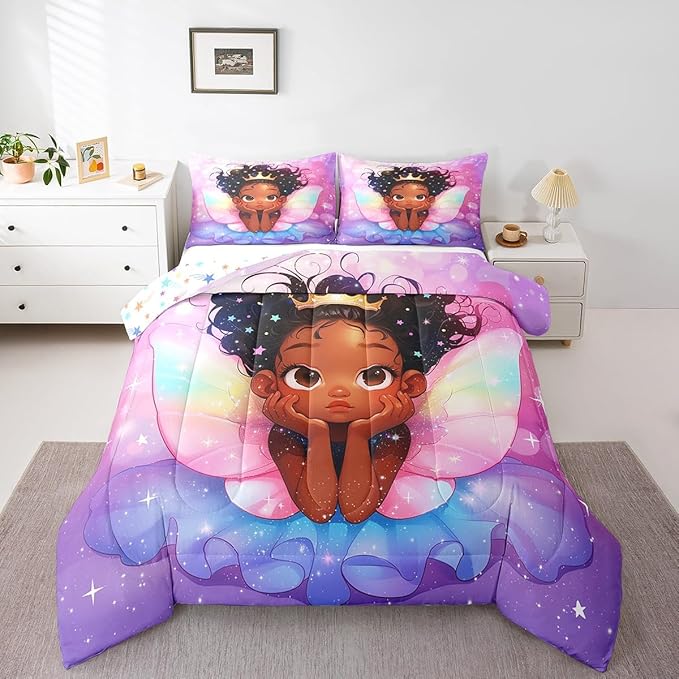 Manfei Cute Girl Comforter Set King Size, Black Princess with Wings Down Comforter, Pink Purple Glitter Galaxy Bedding Set for Kid Women Adult Room Decor, Reversible Duvet Insert,2 Pillowcases