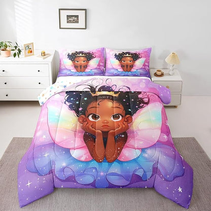 Manfei Cute Girl Comforter Set King Size, Black Princess with Wings Down Comforter, Pink Purple Glitter Galaxy Bedding Set for Kid Women Adult Room Decor, Reversible Duvet Insert,2 Pillowcases