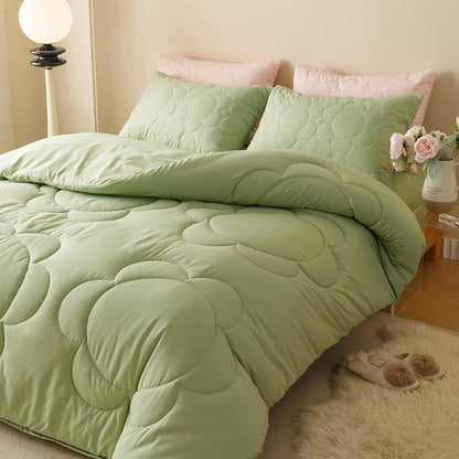 CLOTHKNOW Green Twin/Twin XL Comforter Set 3Pcs Daisy Puff Bedding Comforter Sets Boho Floral Bedding Sets Soft Green Bed Comforter Sets Twin