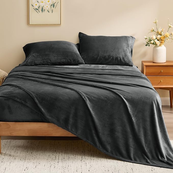 BEDELITE Flannel Sheets Queen Size Dark Grey - Super Soft Fleece Sheets Set Fluffy Extra Plush, 4 Piece(Include Fitted Sheet, Flat Sheet, 2 Pillowcases)