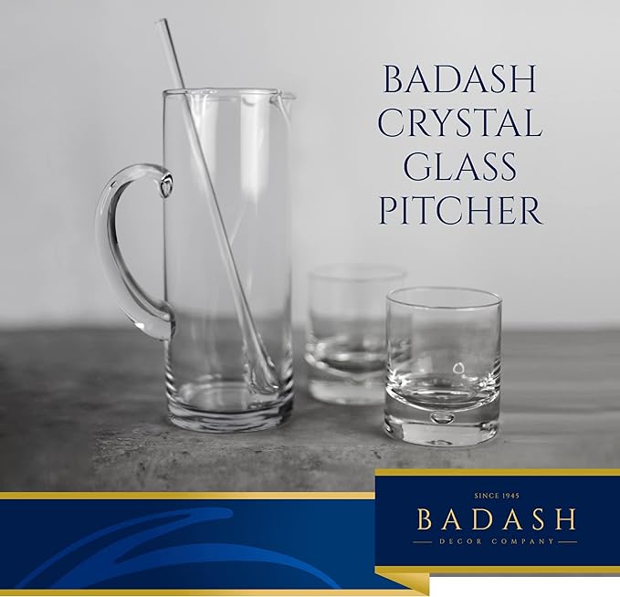 Badash Crystal Glass Pitcher - 9.75” Tall Mouth-Blown Lead-Free Crystal Glass Pitcher - 48 oz. Cocktail Pitcher - Cylinder Pitcher for any Beverage