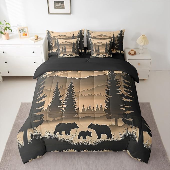 Erosebridal Full Size Rustic Cabin Lodge Bedding Set 7 Pieces | Bear Comforter Set with Sheets for Kids Boys Girls Forest Hunting Bear Bed in A Bag with Flat Fitted Sheets Pine Tree Woodland Quilt