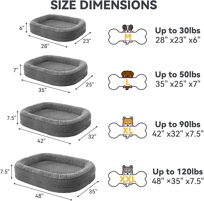 JOEJOY Orthopedic Dog Bed for Extra Large Dogs, Egg-Crate Memory Foam Pet Bed with Bolster Sides, Waterproof Lining, Removable Washable Cover & Non-Slip Bottom, Grey